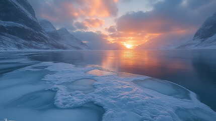 A frozen lake with chunks of ice, a sunrise over mountains, and a calm water surface.