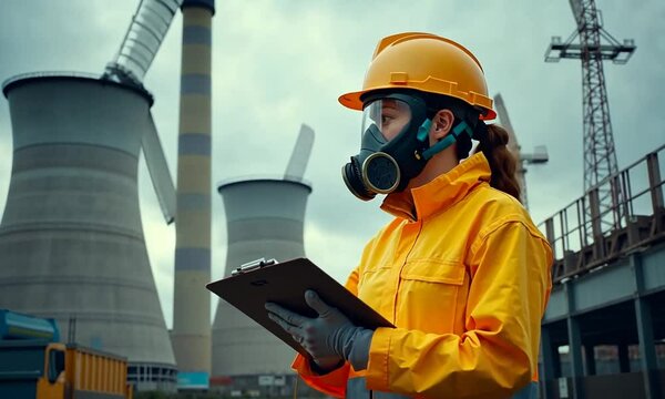 A nuclear power plant worker of Caucasian descent, wearing a yellow protective suit and gas mask