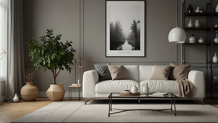 Interior design of living room interior with mock up poster frame, white sofa, modern pouf, glass coffee table, vase with branch, stylish rack and silver personal accessories. Home decor. Template