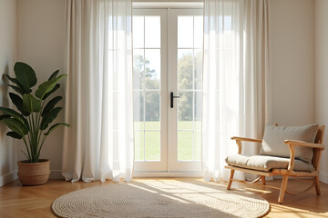 Fototapeta premium Peaceful Minimalist Interior with Natural Light and Garden View with Copy Space