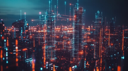 Smart digital Innovation city with connection network reciprocity over the cityscape. of future smart wireless digital city and social media networking systems that connects people with in city