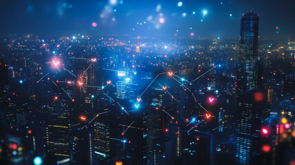 Obraz premium Smart digital Innovation city with connection network reciprocity over the cityscape. of future smart wireless digital city and social media networking systems that connects people with in city