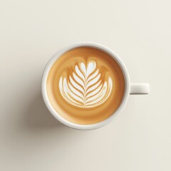 A 3D render of a minimal coffee cup with latte art on a white background, showcasing a single coffee type in a modern design