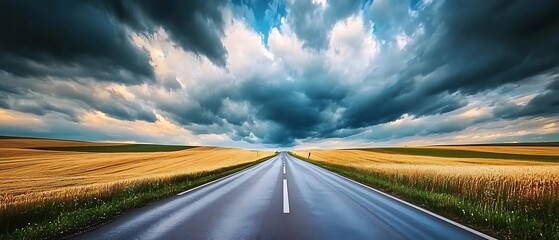 Naklejka premium Asphalt Road Leading Through Fields Under a Dramatic Sky, Generative Ai