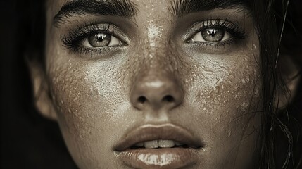 Close-up portrait of a woman's face, showcasing her skin's texture and beauty.