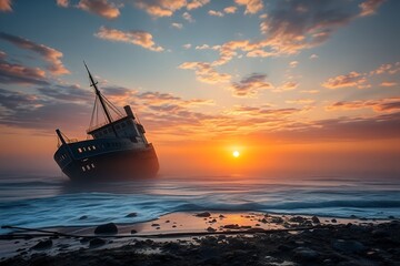 Naklejka premium Dramatic Sunset Shipwreck on Rocky Coastline