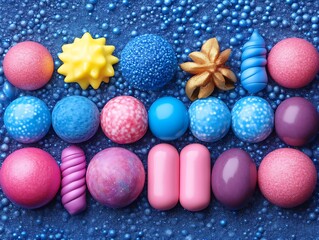 Obraz premium Colorful spheres and shapes arranged on a blue background