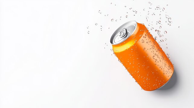 Orange can of drink floating in zero gravity with water droplets, angled view showing the top of the can, clean white background, showcasing refreshing beverage in space-like environment.
