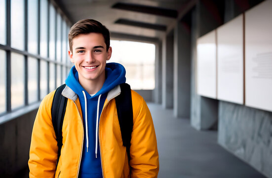 Joven estudiante sonriente con ropa colorida en pasillos escolares