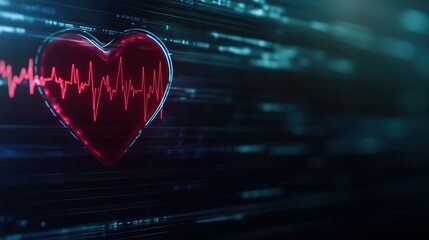 Red heart with pulse line on dark blue background. Healthcare monitoring concept