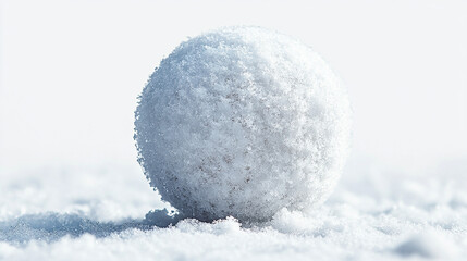 A perfect snow ball sits on a snowy ground.