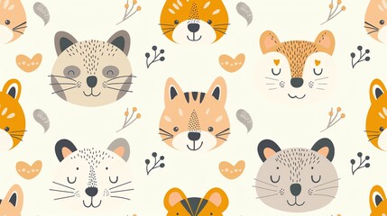 A cute animal pattern featuring orange, gray and white animal faces on a cream background.