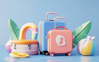 Travel luggage with cartoon style, 3d rendering, Generative Ai