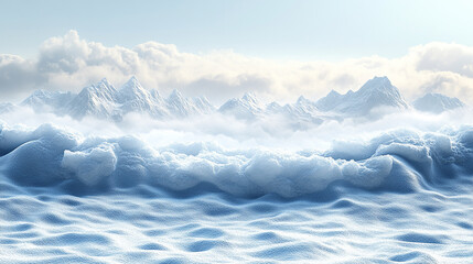 A vast landscape of snow-capped mountains, with white clouds and ice in the foreground.