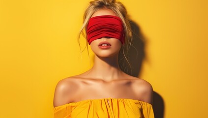 Woman with red blindfold and yellow dress against yellow wall. Fashion mystery concept