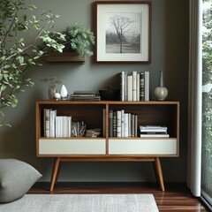 Mid-century modern console table with books, plants, and decor in a home interior.