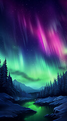 Scenic of Northern lights aurora borealis green and purple with snow mountains at night, In Scandinavia Country Winter Season, North pole, Northern Europe, Landscape