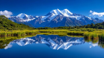 A mountain range is reflected in the water of a lake