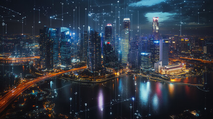 Naklejka premium Smart digital Innovation city with connection network reciprocity over the cityscape. of future smart wireless digital city and social media networking systems that connects people with in city
