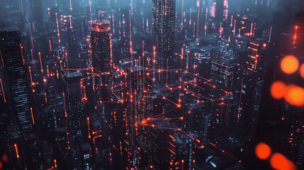 Smart digital Innovation city with connection network reciprocity over the cityscape. of future smart wireless digital city and social media networking systems that connects people with in city