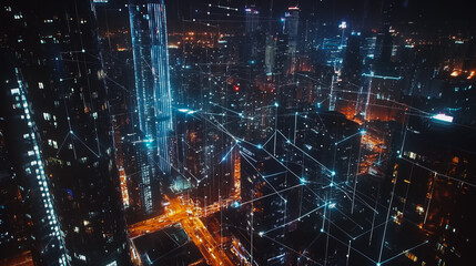 Obraz premium Smart digital Innovation city with connection network reciprocity over the cityscape. of future smart wireless digital city and social media networking systems that connects people with in city