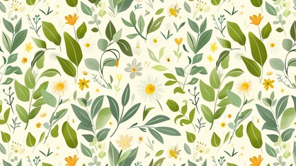 A seamless floral pattern of various flowers and leaves on a light cream background.
