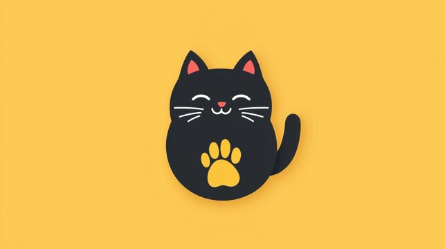 Smiling Black Cat Paw Print Thank You Note - Flat Design Illustration