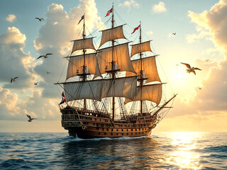 A grand wooden sailing ship journeys through tranquil seas at dusk, with billowing sails catching the sunlight, surrounded by seagulls and a serene, glowing horizon stretching into the distance.