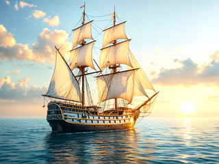 A grand wooden sailing ship journeys through tranquil seas at dusk, with billowing sails catching the sunlight, surrounded by seagulls and a serene, glowing horizon stretching into the distance.