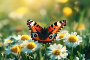 Obraz premium Vibrant peacock butterfly on daisies, sunlit meadow. Ideal for spring, nature, beauty, and life themes.