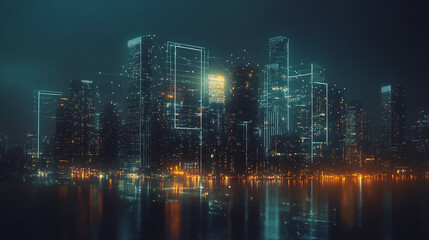 Fototapeta premium Smart digital Innovation city with connection network reciprocity over the cityscape. of future smart wireless digital city and social media networking systems that connects people with in city
