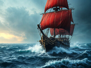 A grand wooden sailing ship journeys through tranquil seas at dusk, with billowing sails catching the sunlight, surrounded by seagulls and a serene, glowing horizon stretching into the distance.