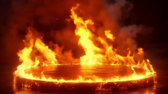 A fiery circular platform surrounded by smoke and flames