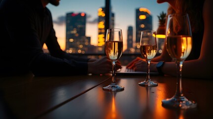 Golden hour drinks with city skyline backdrop. Two individuals enjoy champagne, laptops in view, a romantic urban scene.