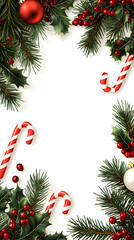 Festive Christmas border with candy canes, holly, and ornaments on white background.