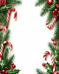 Festive Christmas border with candy canes, holly, and pine branches on white background. (2)