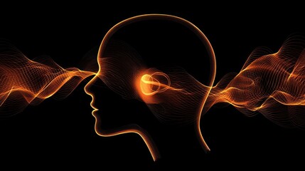 Obraz premium A graphic of a silhouette head with an ear and sound waves emanating, symbolizing the concept of listening