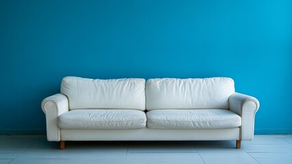 Fototapeta premium White sofa against vibrant blue wall in modern interior space