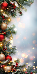 Obraz premium Design a wintery Christmas card background featuring lush fir branches adorned with glowing garlands and classic red and gold ornaments.1