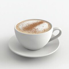 A modern 3D render of a frothy cappuccino with cinnamon sprinkled on top, minimal on a white background