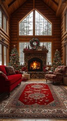 Naklejka premium Cozy holiday living room with a fireplace, decorated trees, and festive ambiance.