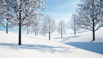 Fototapeta premium Winter Wonderland: Serene Snow-covered Trees in Soft Blue Tones Background