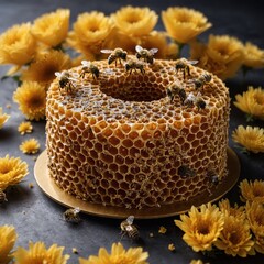 "A honeycomb cake with hexagonal patterns and tiny sugar bees."

