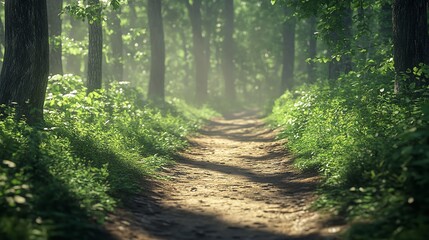 Fototapeta premium Serene forest path leading to a tranquil water view.
