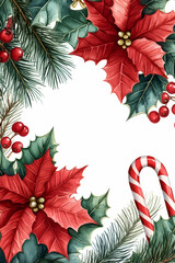 Watercolor Christmas border with poinsettia, holly, berries, pine, and candy cane.