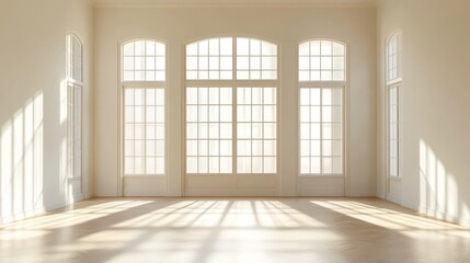 Fototapeta premium A spacious, sunlit room with large windows casting shadow on the wooden floor.