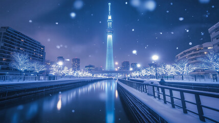 Fototapeta premium 静寂な雪景色とスカイツリーの幻想的な冬の夜