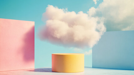 Colorful geometric shapes with fluffy cloud in a bright blue sky setting