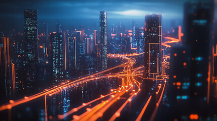 Fototapeta premium Smart digital Innovation city with connection network reciprocity over the cityscape. of future smart wireless digital city and social media networking systems that connects people with in city