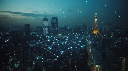 Fototapeta premium Smart digital Innovation city with connection network reciprocity over the cityscape. of future smart wireless digital city and social media networking systems that connects people with in city